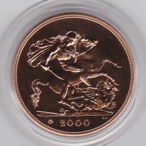 2000 Gold Five Pounds. This brilliant uncirculated issue comes in the original green boxed with certificate as issued by the royal mint.
