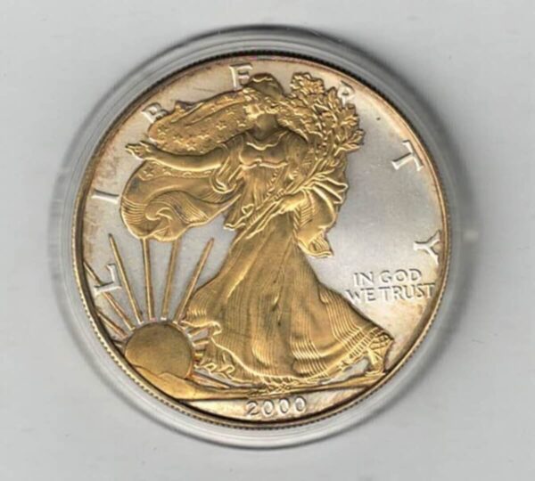 2000 Silver USA One Ounce Eagle. The liberty is on the obverse, The eagle is on the reverse. The coin contains one ounce of 999 fine silver.