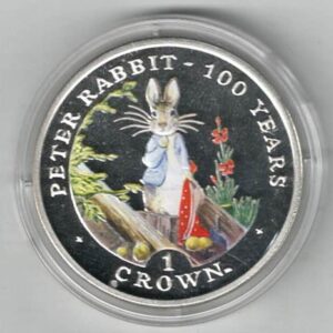 2002 Gibraltar Silver Proof Peter Rabbit One Crown Coin. The reverse features a colourised image of Peter Rabbit. All coins are in stock.