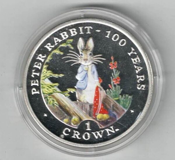 2002 Gibraltar Silver Proof Peter Rabbit One Crown Coin. The reverse features a colourised image of Peter Rabbit. All coins are in stock.