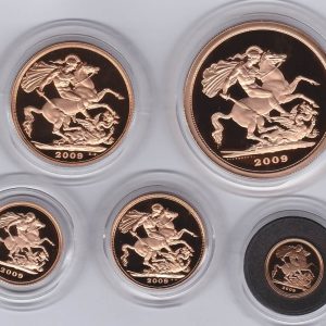 2009 Five Coin Gold Proof Set. This five coin gold sovereign set comes boxed with certificate as issued by the Royal Mint.