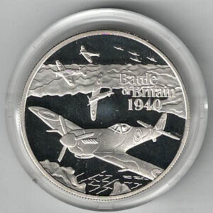 2010 Alderney Battle Of Britain Silver Proof Five Pound Coin. The Obverse features the crowned portrait of Queen Elizabeth II facing right.