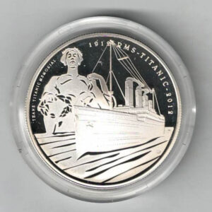 2012 Alderney Titanic Centenary Silver Proof Five Pound Coin. he reverse features the titanic ship with titanic memorial statue. 