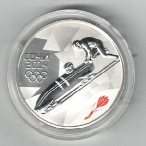 2014 Russia Freestyle Bobsleigh Sterling Silver Silver One Ounce This coin does feature a two headed eagle. This coin contains one ounce of .925 silver.