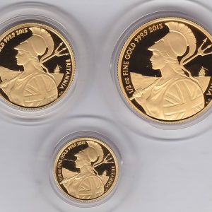 2015 Gold Proof Three Coin Britannia Premium Set. The three coins are half ounce Britannia, quarter ounce Britannia and tenth ounce Britannia.