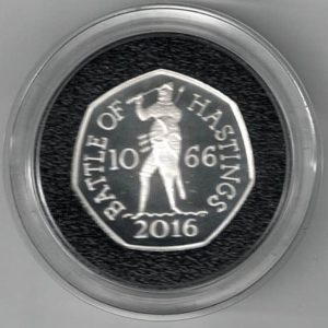 2016 Silver Proof Fifty Pence Coin 950th anniversary Battle of Hastings. This coin comes in the original box with certificate as issued by the royal mint.