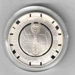 2016 Alderney 1966 World Cup Anniversary Silver Proof Five Pound Coin. The Obverse features the crowned portrait of Queen Elizabeth II facing right.