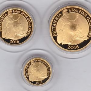 2016 Gold Proof Three Coin Britannia Premium Set. The three coins are half ounce Britannia, quarter ounce Britannia and tenth ounce Britannia.