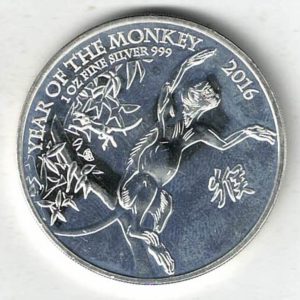 2016 Silver One Ounce Monkey Coin. The portrait of Queen Elizabeth II is on the obverse. The coin contains one ounce of 999 fine silver.