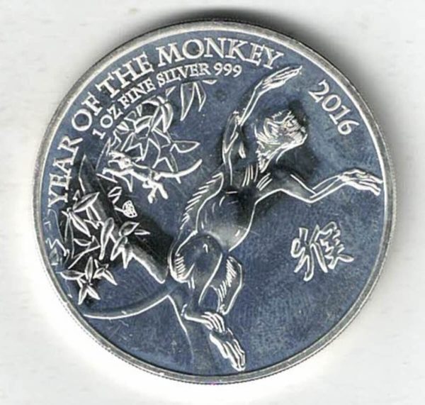 2016 Silver One Ounce Monkey Coin. The portrait of Queen Elizabeth II is on the obverse. The coin contains one ounce of 999 fine silver.