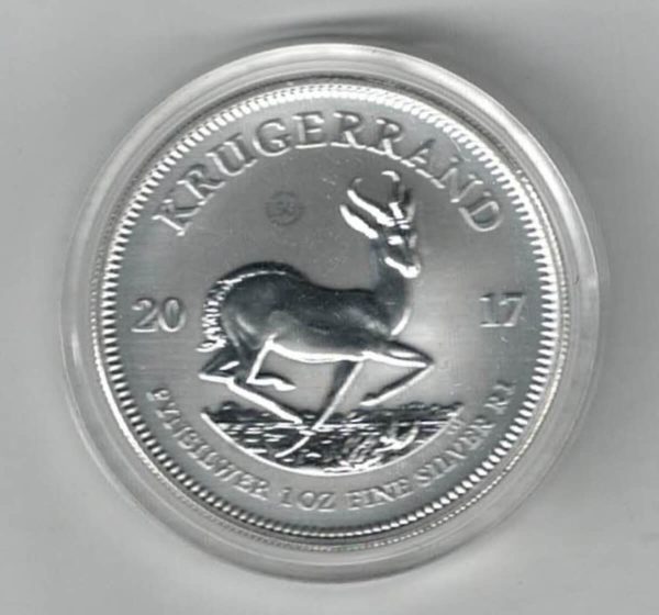 2017 Premium Silver South Africa One Ounce Krugerrand. Paul Kruger is on the obverse. The coin contains one ounce of 999 fine silver