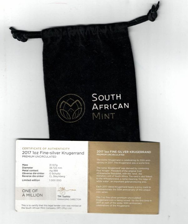 2017 Silver South Africa One Ounce Krugerrand Premium Unc - Image 3