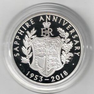 2018 Five Pounds Silver Proof 65th Anniversary coronation. Reverse features a crown and shield. All coins are in stock for despatch.