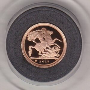 2018 Gold Proof Quarter Sovereign Coin featuring the fourth portrait of Queen Elizabeth II on the obverse. St George and the dragon on the reverse.