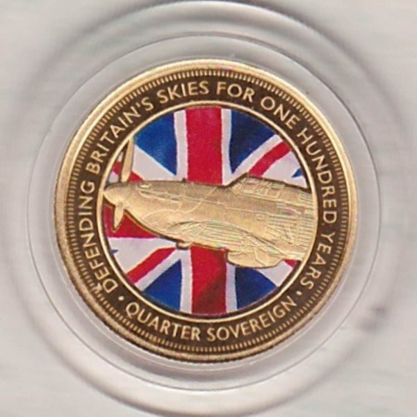 2018 Tristan Da Cunha Gold Quarter Sovereign coin. This coin was issued to commemorate the RAF. The coin weighs approx. 1.99 grams.
