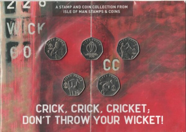 2019 Isle Of Man Cricket Five Coin Fifty Pence And Stamp Cover Set. The obverse features the portrait of Queen Elizabeth II facing right.