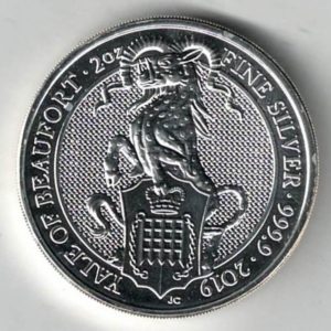 2019 Silver Two Ounce Coin Yale Of Beaufort. This coin was issued as part of the Queen's Beasts series by the Royal Mint.