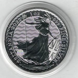 2022 Silver Britannia One Ounce Coin. The portrait of Queen Elizabeth II is on the obverse. The coin contains one ounce of 999 fine silver.