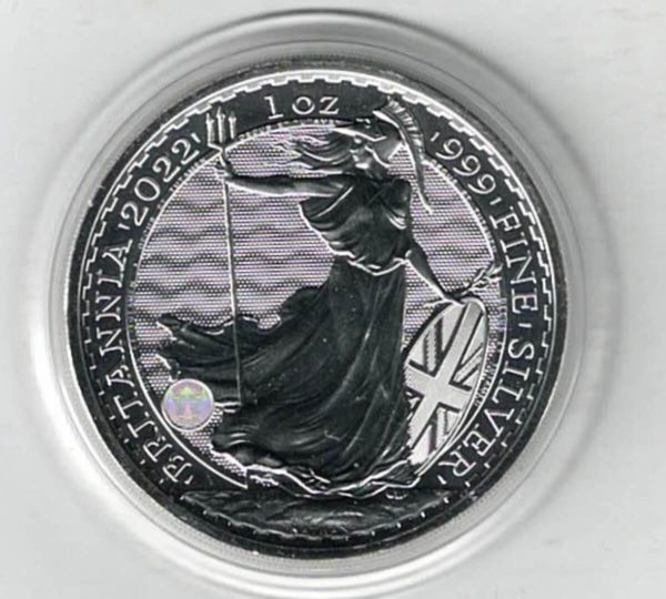2022 Silver Britannia One Ounce Coin. The portrait of Queen Elizabeth II is on the obverse. The coin contains one ounce of 999 fine silver.