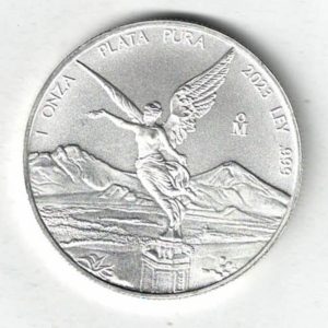2023 Mexico silver one ounce one Onza Libertad coin. This coin contains one ounce of 999 fine silver. With Mexico coat of arms on the Obverse.