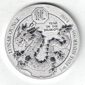 2024 Silver Rwanda One Ounce Lunar Year Of The Dragon. This coin does features a Dragon. The coin contains one ounce of 999 fine silver.