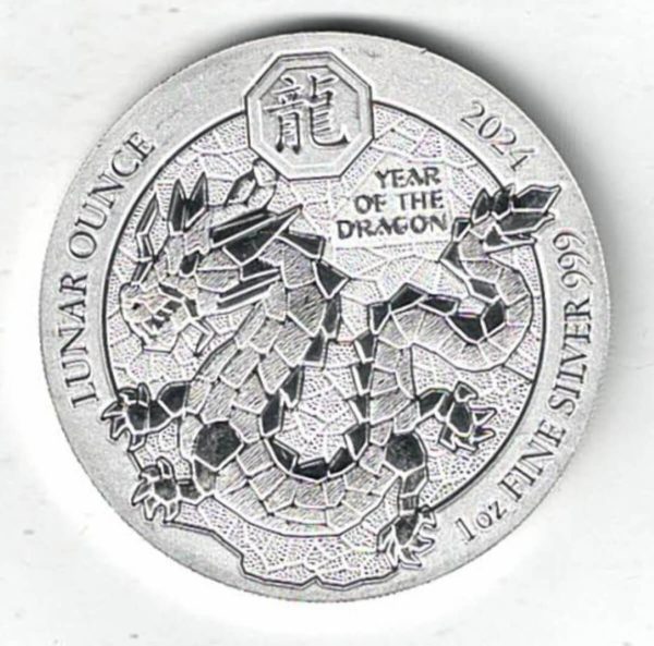 2024 Silver Rwanda One Ounce Lunar Year Of The Dragon. This coin does features a Dragon. The coin contains one ounce of 999 fine silver.