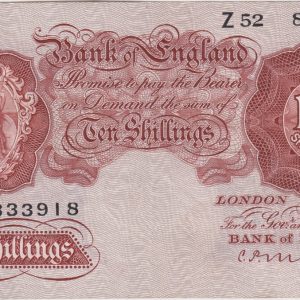 B210 Mahon First Series Ten Shillings Banknote. This is the 1928 issue, with Britannia at the left on the obverse. Prefix / Serial Number Z52 833918.