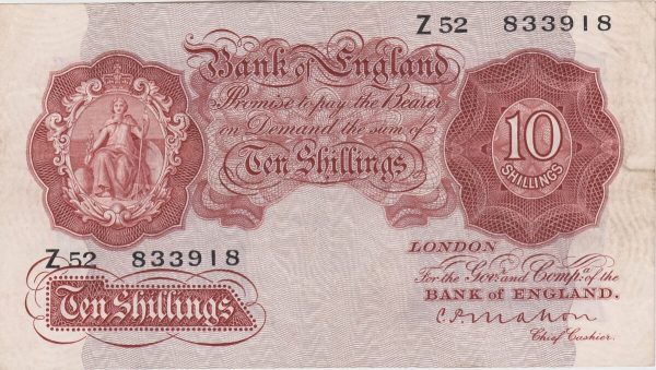 B210 Mahon First Series Ten Shillings Banknote. This is the 1928 issue, with Britannia at the left on the obverse. Prefix / Serial Number Z52 833918.