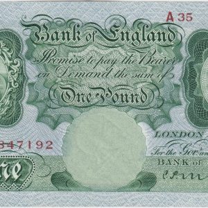 B212 Mahon One Pound Banknote A35. This is the green 1928 Issue with Britannia on the obverse. The banknote has the Serial Number A35 847192.