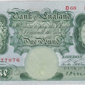 B212 Mahon One Pound Banknote D68. This is the green 1928 Issue with Britannia on the obverse. The banknote has the Serial Number D68 577876.