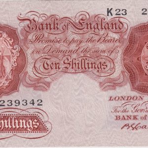 B223 Catterns Last Series Ten Shillings Banknote. This is the 1930 issue, with Britannia at the left on the obverse. Prefix / Serial Number K23 239342.