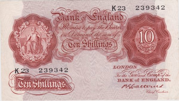 B223 Catterns Last Series Ten Shillings Banknote. This is the 1930 issue, with Britannia at the left on the obverse. Prefix / Serial Number K23 239342.