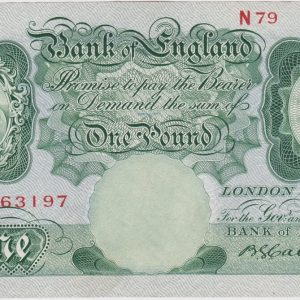 B225 Catterns One Pound Banknote N79. This is the green 1930 Issue with Britannia on the obverse. The banknote has the Serial Number N79 763197.