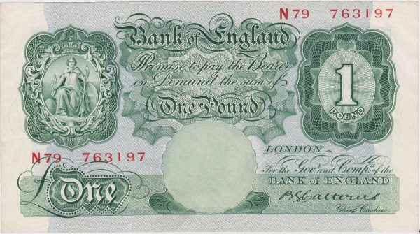 B225 Catterns One Pound Banknote N79. This is the green 1930 Issue with Britannia on the obverse. The banknote has the Serial Number N79 763197.