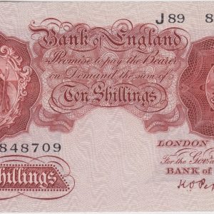 B235 Peppiatt First Series Ten Shillings Banknote. This is the 1934 issue, with Britannia at the left on the obverse. Prefix / Serial Number J89 848709.