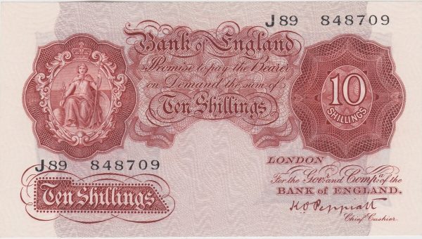 B235 Peppiatt First Series Ten Shillings Banknote. This is the 1934 issue, with Britannia at the left on the obverse. Prefix / Serial Number J89 848709.