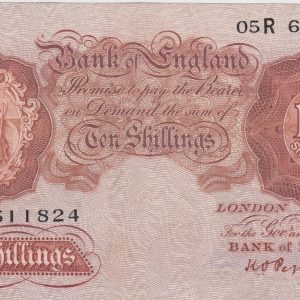 B236 Peppiatt Ten Shillings Banknote. This is the 1934 issue, with Britannia at the left on the obverse. Prefix / Serial Number 05R 611824.