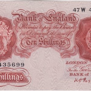 B236 Peppiatt Ten Shillings Banknote. This is the 1934 issue, with Britannia at the left on the obverse. Prefix / Serial Number 47W 435699.