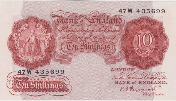 B236 Peppiatt Ten Shillings Banknote. This is the 1934 issue, with Britannia at the left on the obverse. Prefix / Serial Number 47W 435699.