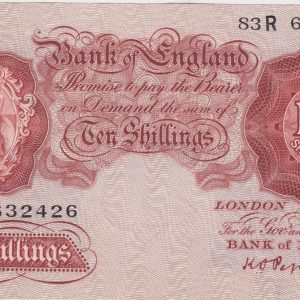 B236 Peppiatt Ten Shillings Banknote. This is the 1934 issue, with Britannia at the left on the obverse. Prefix / Serial Number 83R 632426.