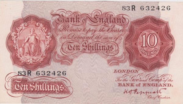 B236 Peppiatt Ten Shillings Banknote. This is the 1934 issue, with Britannia at the left on the obverse. Prefix / Serial Number 83R 632426.