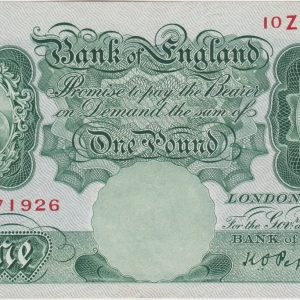 B238 Peppiatt One Pound Banknote 10Z. This is the green 1934 Issue, with Serial Number 10Z 371926. This is a last series issue.