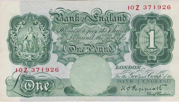 B238 Peppiatt One Pound Banknote 10Z. This is the green 1934 Issue, with Serial Number 10Z 371926. This is a last series issue.