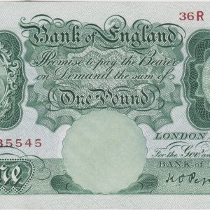B238 Peppiatt One Pound Banknote 36R. This is the green 1934 Issue, with Serial Number 36R 335545. This note is in mint condition.