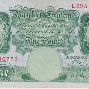 B239 Peppiatt One Pound Banknote L29A. This is the green 1934 Issue, with Serial Number L29A 336775 This note is in near mint condition.