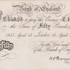 Bernhard Forgery B244 Peppiatt White Fifty Pounds Banknote. 1935 London 15th April Issue, with Prefix / Serial Number 53 over N 45823.