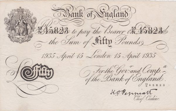Bernhard Forgery B244 Peppiatt White Fifty Pounds Banknote. 1935 London 15th April Issue, with Prefix / Serial Number 53 over N 45823.