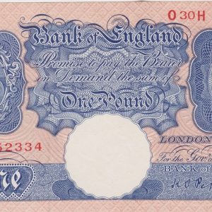 B249 Peppiatt One Pound Banknote O30H This is the Blue & Pink 1940 Issue, with Serial Number O30H 952334. This is a high grade note.