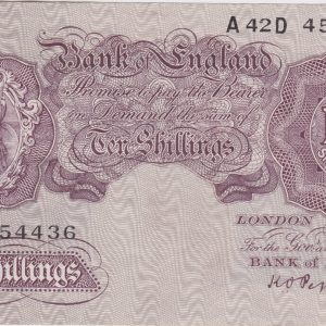 B251 Peppiatt A42D Ten Shillings Banknote. This is the 1940 issue, with Britannia at the left on the obverse. Prefix / Serial Number A42D 454436.