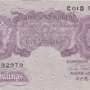 B251 Peppiatt Ten Shillings C01D Banknote. This is the 1940 issue, with Britannia at the left on the obverse. Prefix / Serial Number C01D 992979.